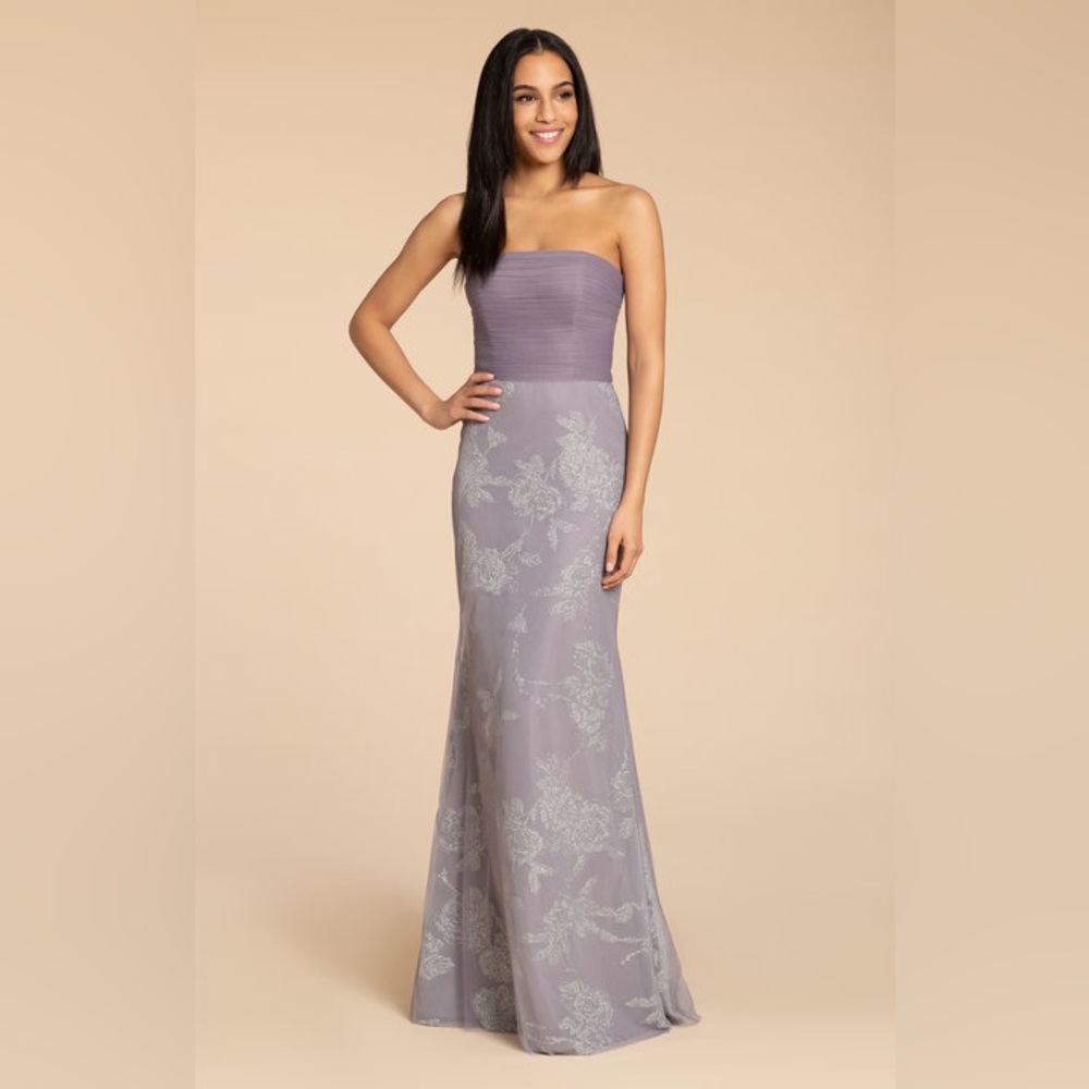 Hayley Paige Occasions Mauve Glitter Tulle Strapless Bridesmaid Dress | Size 14